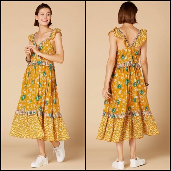 Anthropologie Dresses & Skirts - Anthro Derhy Mustard Gold Garden Floral Leopard Ruffle Midi Maxi Dress